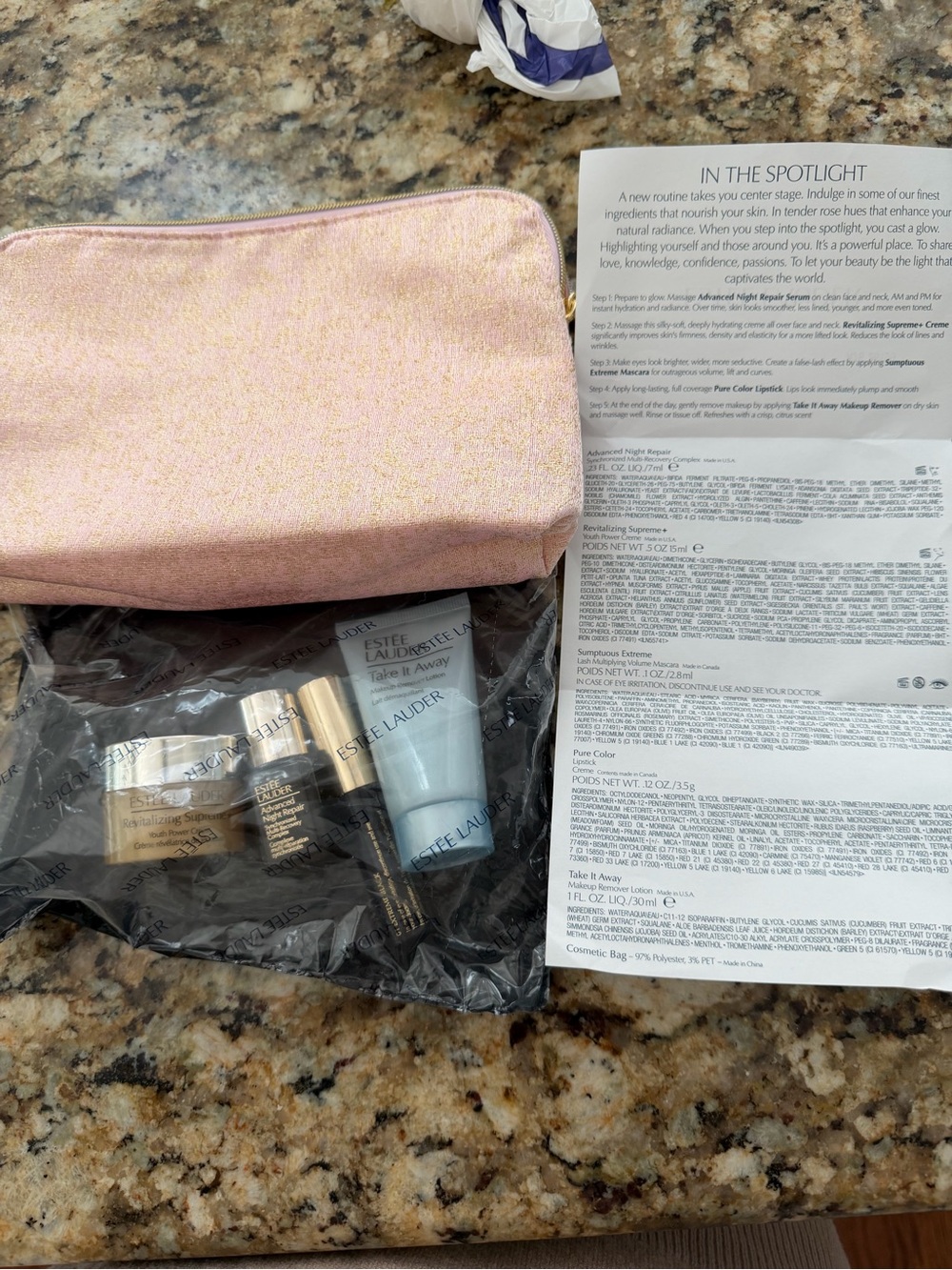 New Estee Lauder Skincare sample Set Pink-gold Cosmetic Bag missing lipstick.